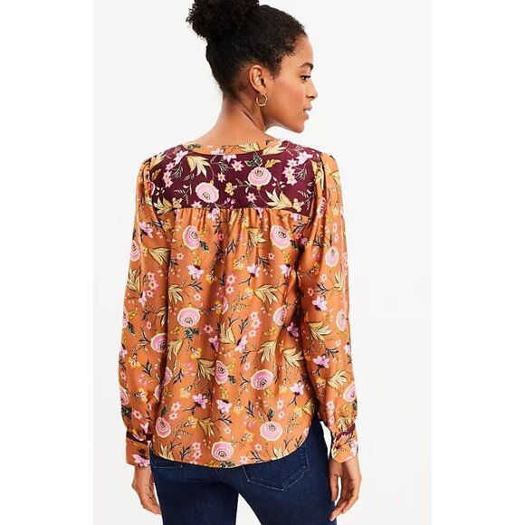 Loft Mixed Print Henley Blouse beautiful fall colors top shirt blouse NWT size X - Picture 13 of 13